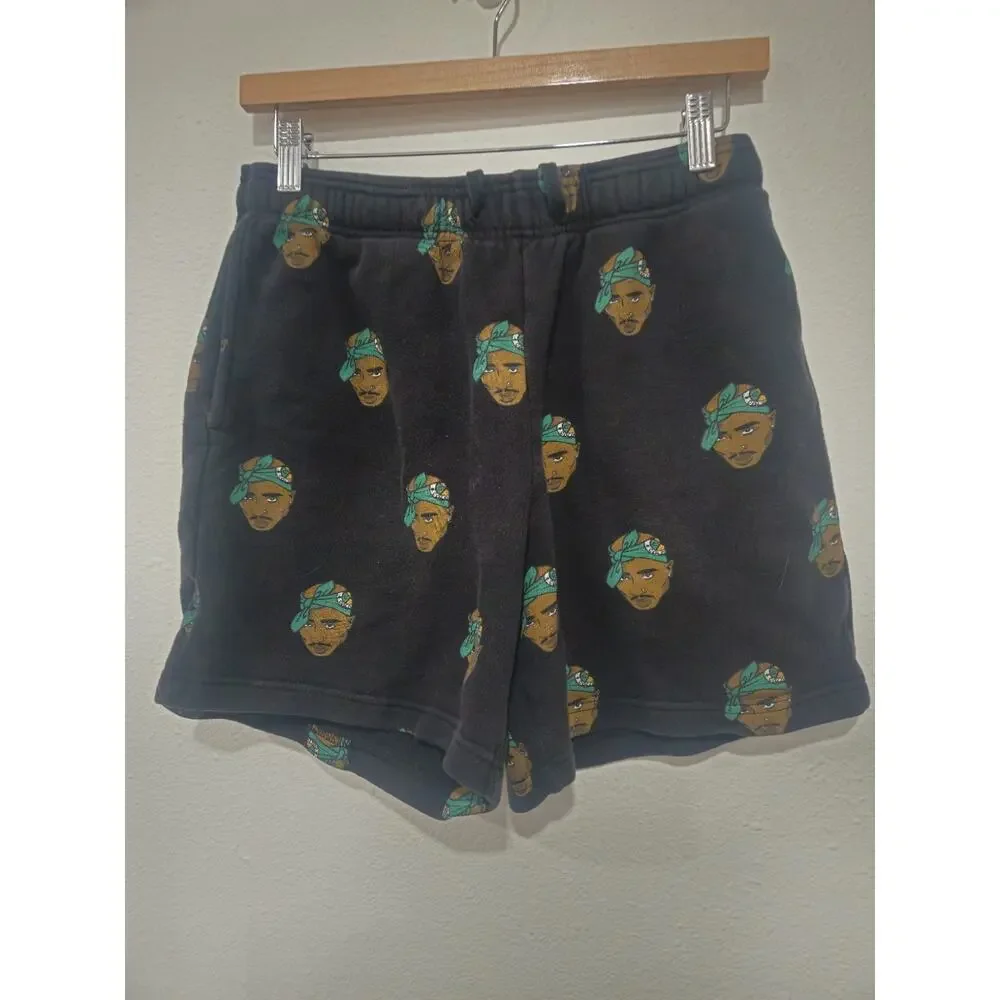 CROSS COLOURS TUPAC SHAKUR Men's Black Sweat-shorts with Tupac Faces Printed M